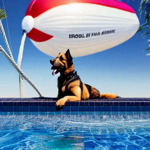 Image similar to a swanky gsd puppy relaxing at the pool on a penthouse rooftop with a futuristic blimp anchor in the background, 8K, 4K, UE5, Octane, 3D, digital art, RTX, Ray Tracing, Bokeh, happeening