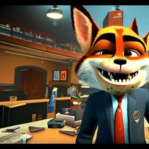 Image similar to Screenshot from the PC game Payday: The Heist featuring Nick Wilde (from Zootopia)