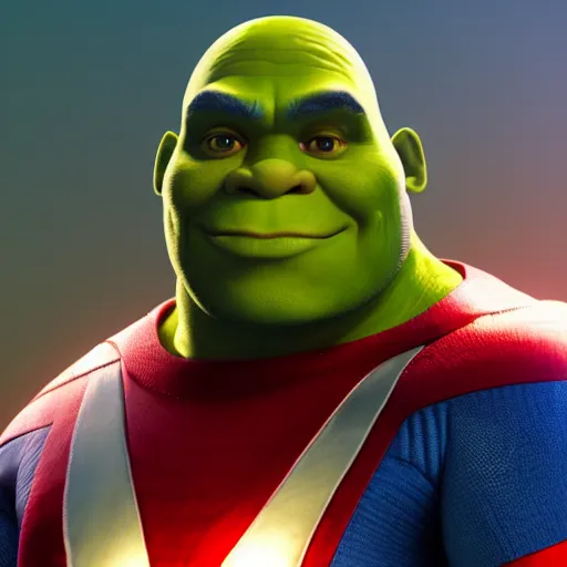 Prompt: digital painting of Shrek as Captain America, octane render, volumetric lightening, by marvel