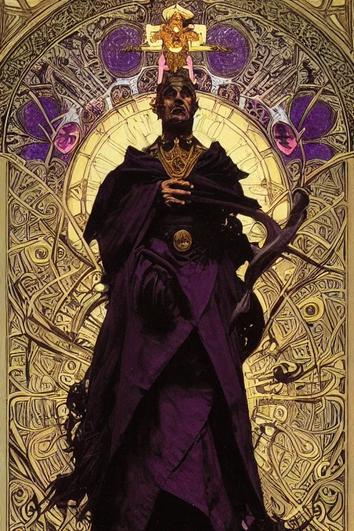 Prompt: tarot card, half - body, the devil, demon male, black and purple robes, beautiful, medieval, super detailed, ornate, by alphonse mucha, craig mullins, greg rutkowski, symmetry, 8 k, sharp focus