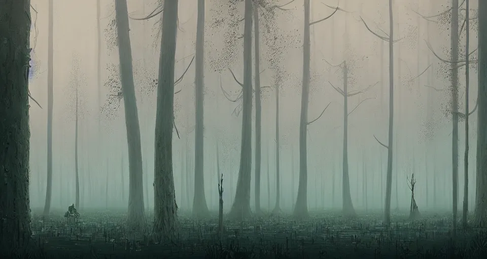 Image similar to A dense and dark enchanted forest with a swamp, by simon stalenhag