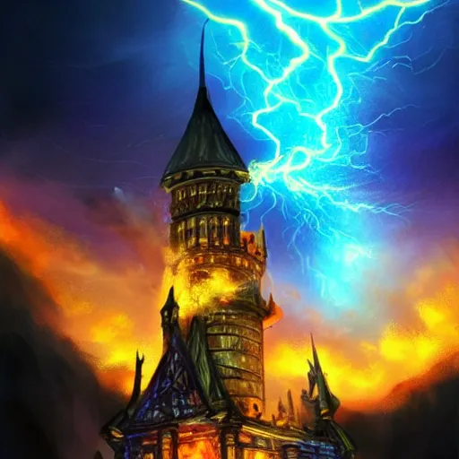 Prompt: A photo of a sorcerer holding torch attacking magic castle under siege, fire from sky, blue lightnings, dramatic purple thunders, golden meteors, war, dramatic shadows, powerful photo, magic, dramatic lighting, intricate, wild, highly detailed, digital painting, artstation, concept art, smooth, sharp focus, illustration, art by artgerm and greg rutkowski and alphonse mucha, footage