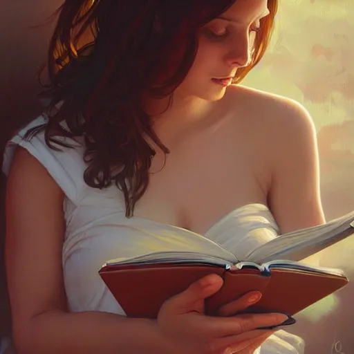 Image similar to hyperrealistic oil painting of a girl reading a book, realistic shaded perfect face, extremely fine details, realistic shaded lighting, stormy background, artgerm, 8 k ultra realistic, highly detailed, art by christopher balaskas, alphonse mucha, craig mullins, alena aenami, ultra detailed