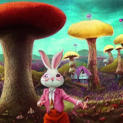 Image similar to 4 k headshot portrait of a psychedelic demonic anthropomorphic bunny rabbit with mushroom themed clothes, magic mushroom village in background. award winning. superb resolution. in the art style of junji ito and greg rutkowski. detailed mushroom city in background. hyper realistic anime. perfect art. dalle 2