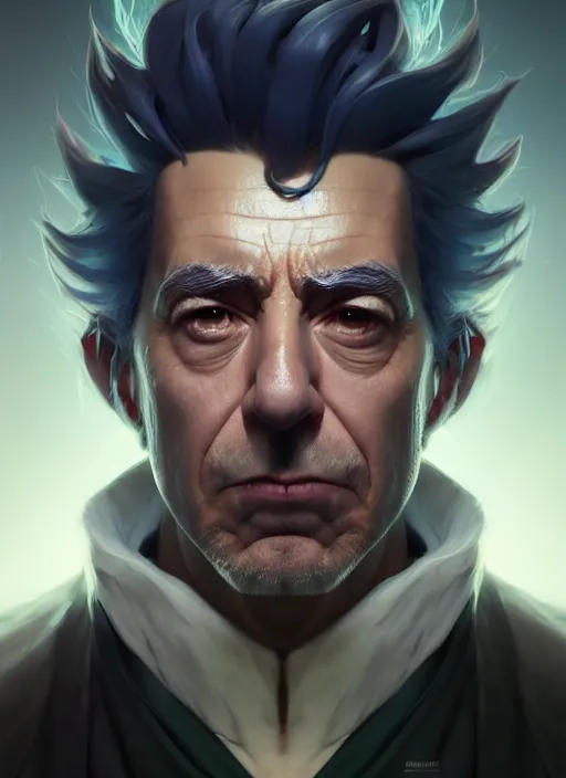 Image similar to concept art by artgerm, amazingly beautiful portrait of a hyper realistic, frowning, sad rick sanchez by greg rutkowski, artgerm, alphonse mucha, concept art, octane render, highly detailed, high quality, 8 k, soft lighting, path traced, and uang guangjian and gil elvgren, symmetry!!