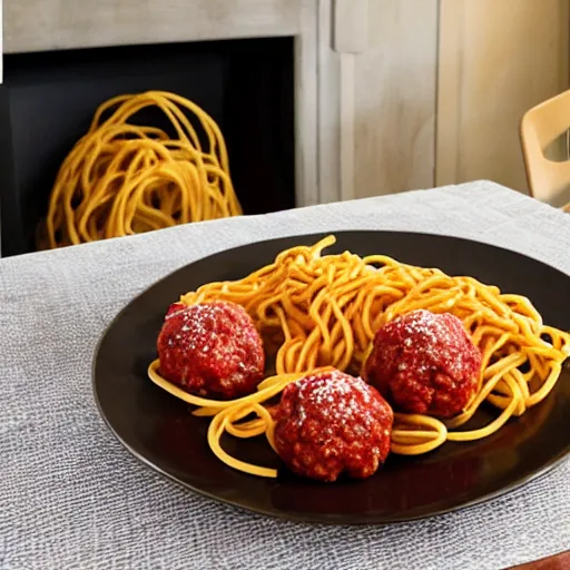 Image similar to edible spaghetti and meatballs shaped into a living room set