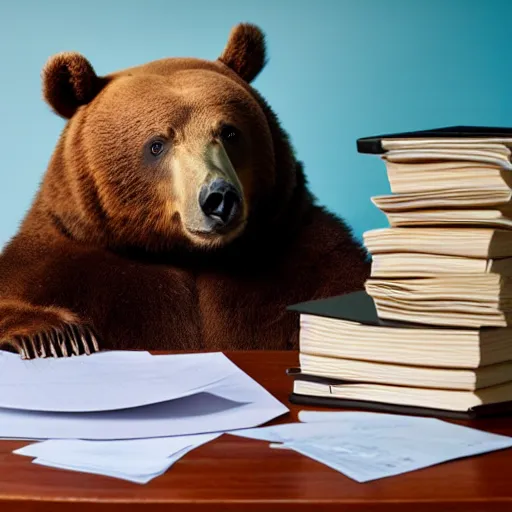 Image similar to bored bear at office, head leaning on paw with elbow on table, piles of paperwork