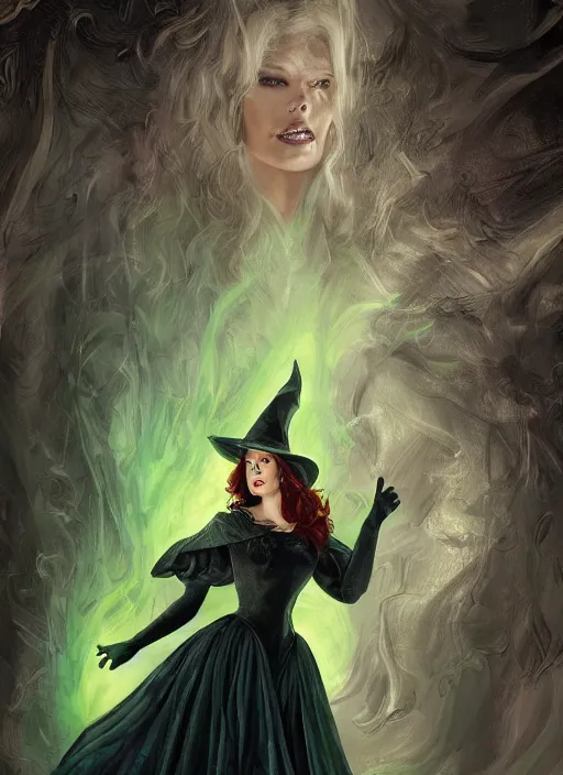 Prompt: beautiful female witch, rebecca romijn as wicked witch of the west, full body character concept, evil, powerful, magic, art nouveau, super powers, fantasy, intricate, elegant, mistique, horrifying, highly detailed, digital painting, artstation, concept art, shining, sharp focus, illustration, art by stanley lau