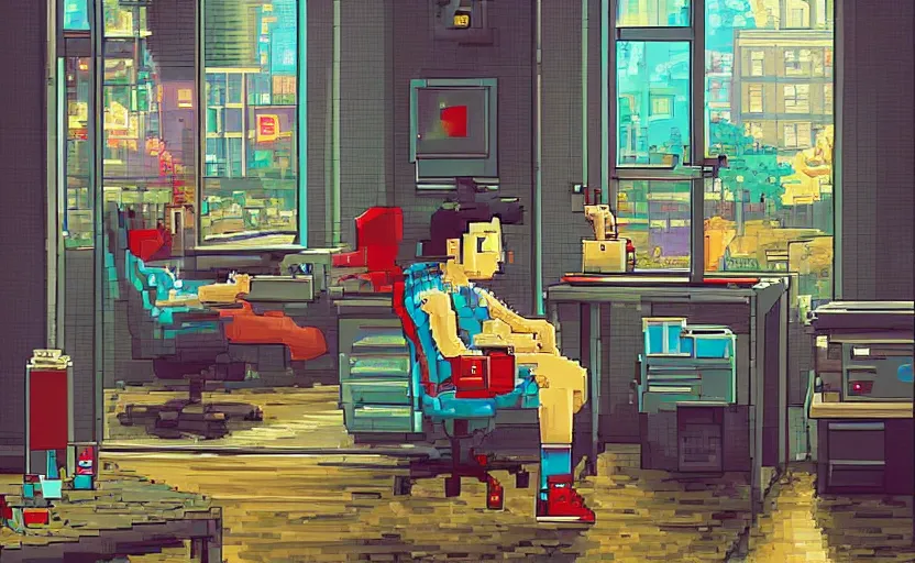 Image similar to Arcade-game Character sitting and relaxing in front of their work desk in their cozy room as a peaceful rainy city scene is seen through the room's window. Smooth Highly detailed masterpiece pixel-art. in the style of Close Highly detailed masterpiece professional artistry Sega, Namco, Neogeo, Capcom artist's Pixel-art. Trending on artstation. Slice-of-life genre art. Balanced colors and lighting scheme by James Gurney and artgerm. In the style of a 'Music to chill/study' to youtube video.