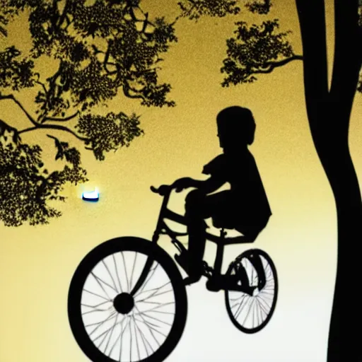 Prompt: a silhouette of a boy riding a bike with basket in front of it, flying, big jump by bike, a silhouette of trees and big grass, big shiny moon on the background at night