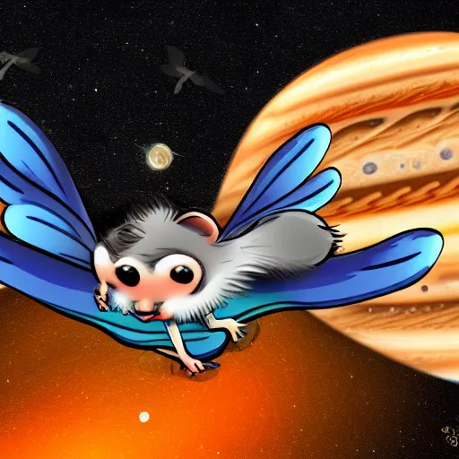 Image similar to a mouse wearing clockwork wings flying through Jupiter, sci-fi illustration