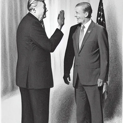 Prompt: The President of the United States shaking hands with a sinister grey space alien, official portrait