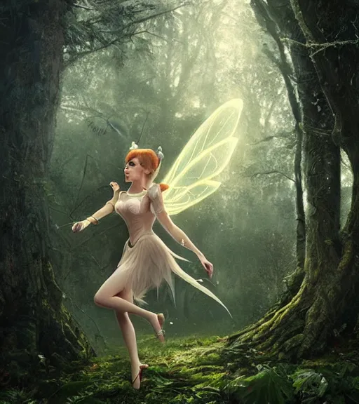 Image similar to demonic tinker bell flying in an enchanted forest, flawless symmetrical pretty cute face, greg rutkowski, 8 k, shallow depth of field, intricate detail, concept art,