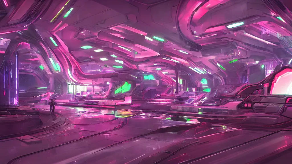 Image similar to sci-fi citadel, with exotic female alien gogo dancers standing on platforms, neon signs, modular shapes, contemporary aesthetic, like concept art on artstation, like zaha hadid