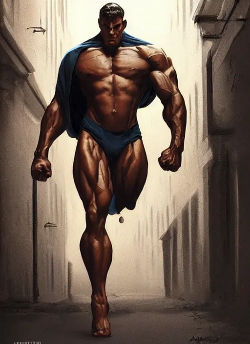 Prompt: wide shot low angle hyper realist detailed elegant renaissance portrait painting of slim handsome bodybuilder vigilante edgy cool superhero!!, full figure!!!, coming out of the shadows in a dark alley by artgerm and greg rutkowski, sharp focus, unreal engine 5