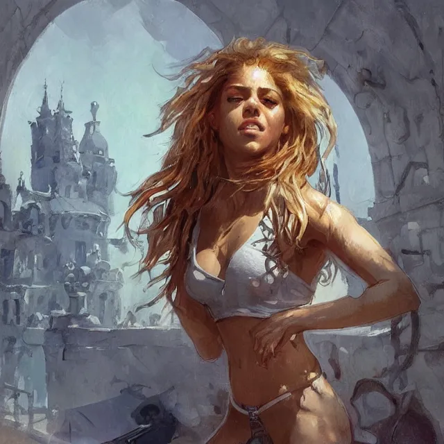 Image similar to shakira escaping prison, portrait, elegant, intricate, digital painting, artstation, concept art, smooth, sharp focus, illustration, art by konstantin korovin and daniel f. gerhartz and john howe