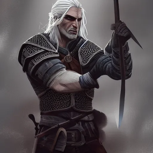 Prompt: Portrait of Geralt of Rivia reaching for a sword on his back, character design, fantasy, intense, dark atmosphere, highly detailed, ArtStation, trending on ArtStation, by Rinotuna