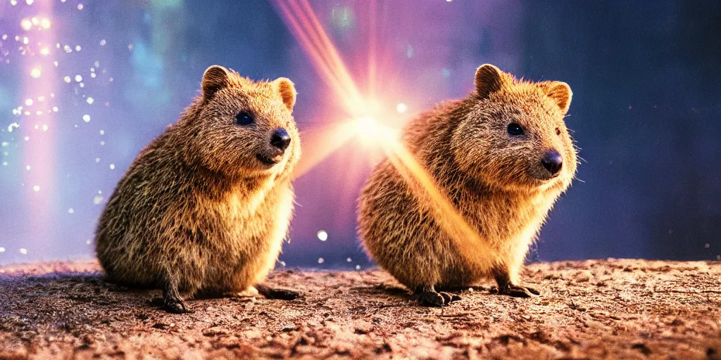 Image similar to Portrait of a happy quokka, splash art, movie still, cinematic lighting, dramatic, octane render, long lens, shallow depth of field, bokeh, anamorphic lens flare, 8k, hyper detailed, 35mm film grain