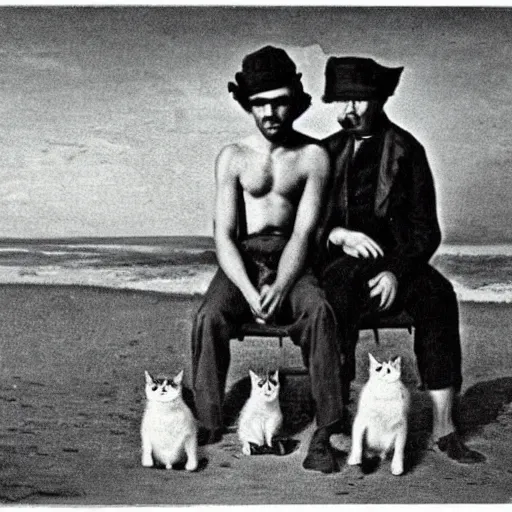 Prompt: a gay couple on the beach with a cat, vintage, 1 8 0 0 s