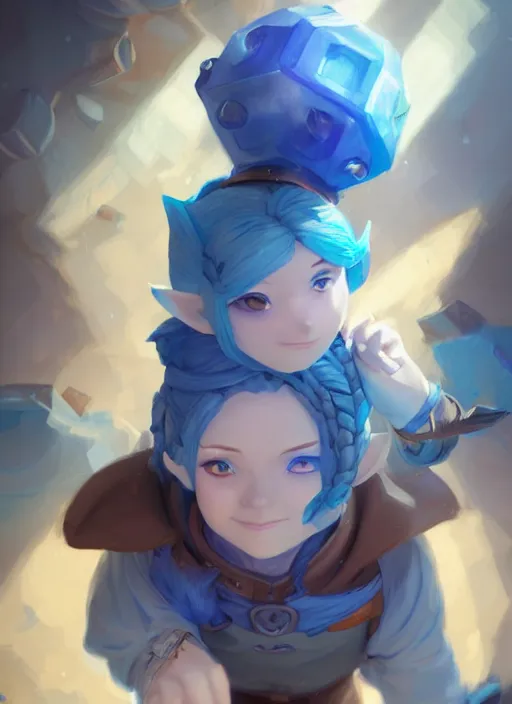 Prompt: female gnome artificer with blue hair, young adult, tinkerer, dnd character portrait, illustration, perfectly shaded, atmospheric lighting, by wenjun lin an krenz cushart