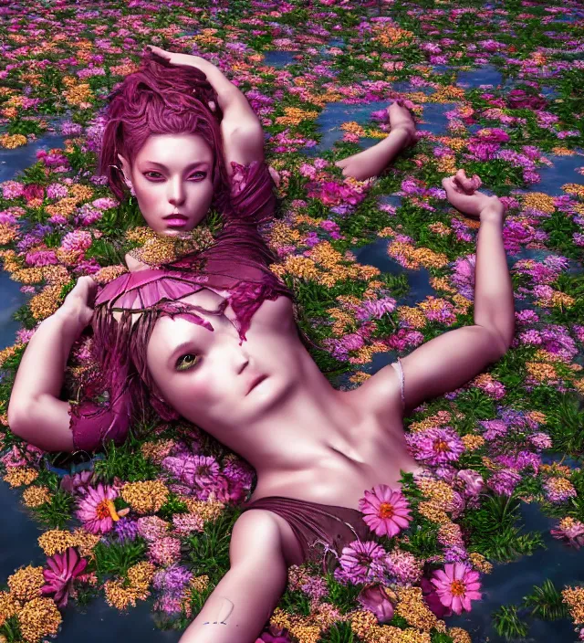 Prompt: baroque portrait of a female android berserker designed by vitaly bulgarov who is lying down in a river made of thousand of flowers, photorealistic, octane render, 8 k, depth of field