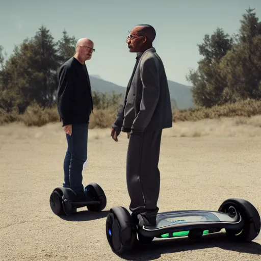 Prompt: Walter White talking to Gustavo Fring while standing on a hoverboard, HDR, 8k,