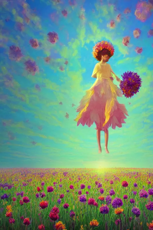 Image similar to closeup, giant flower head, girl in suit floating above field of flowers, surreal photography, sunrise, blue sky, dramatic light, impressionist painting, digital painting, artstation, simon stalenhag