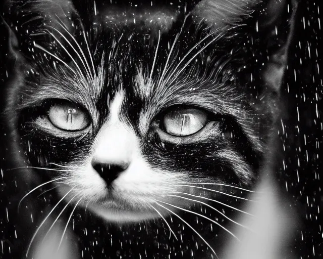 Prompt: closeup headshot of a black and white furred cat in the rain, bladerunner, backlit, night club, futurepunk, gta v, pinup, nagel, arney freytag, dark moody, cinematic, greg rutkowski, octane!