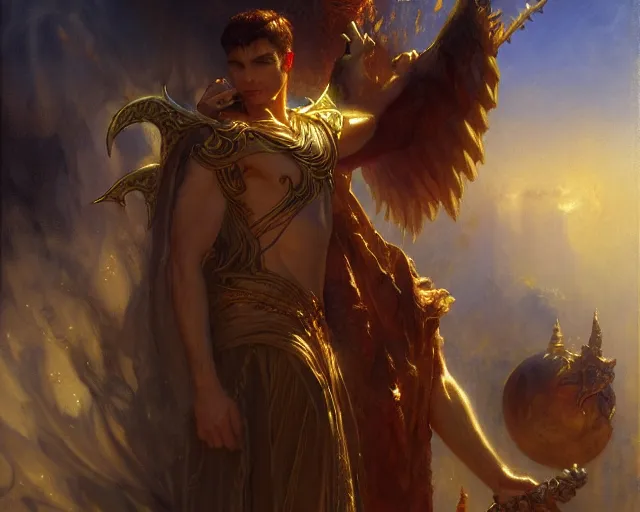 Image similar to attractive male deity, casting demonic magic, summoning handsome lucifer morning star. highly detailed painting by gaston bussiere, craig mullins, j. c. leyendecker 8 k