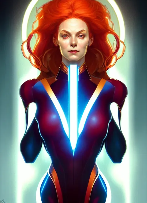 Image similar to symmetry portrait of jean grey from 9 0 s x - men, glowing lights, intricate, elegant, highly detailed, digital painting, artstation, concept art, smooth, sharp focus, illustration, art by artgerm and greg rutkowski and alphonse mucha