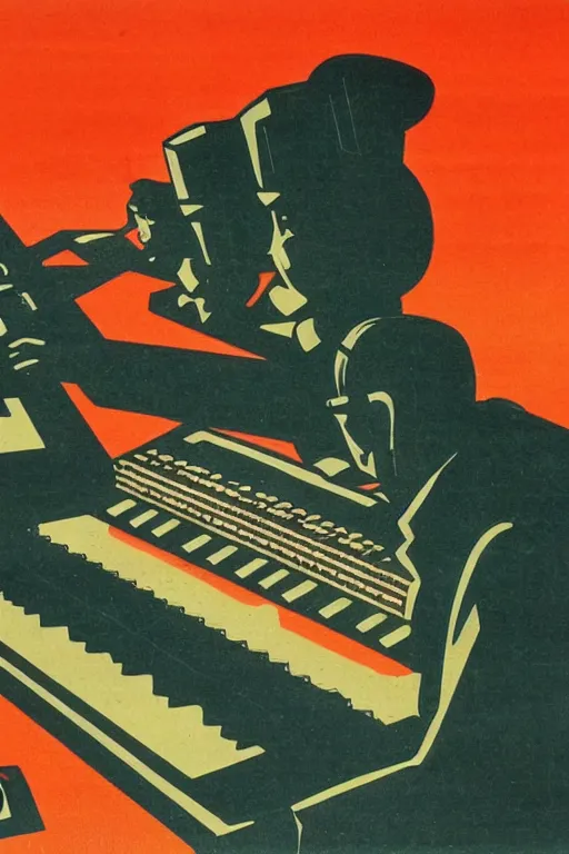 Image similar to soviet propaganda poster of a sound synthesizer in the sunset