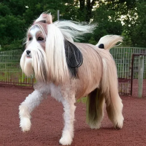 Image similar to an horse with a shi tzu head, horse dog hybrid