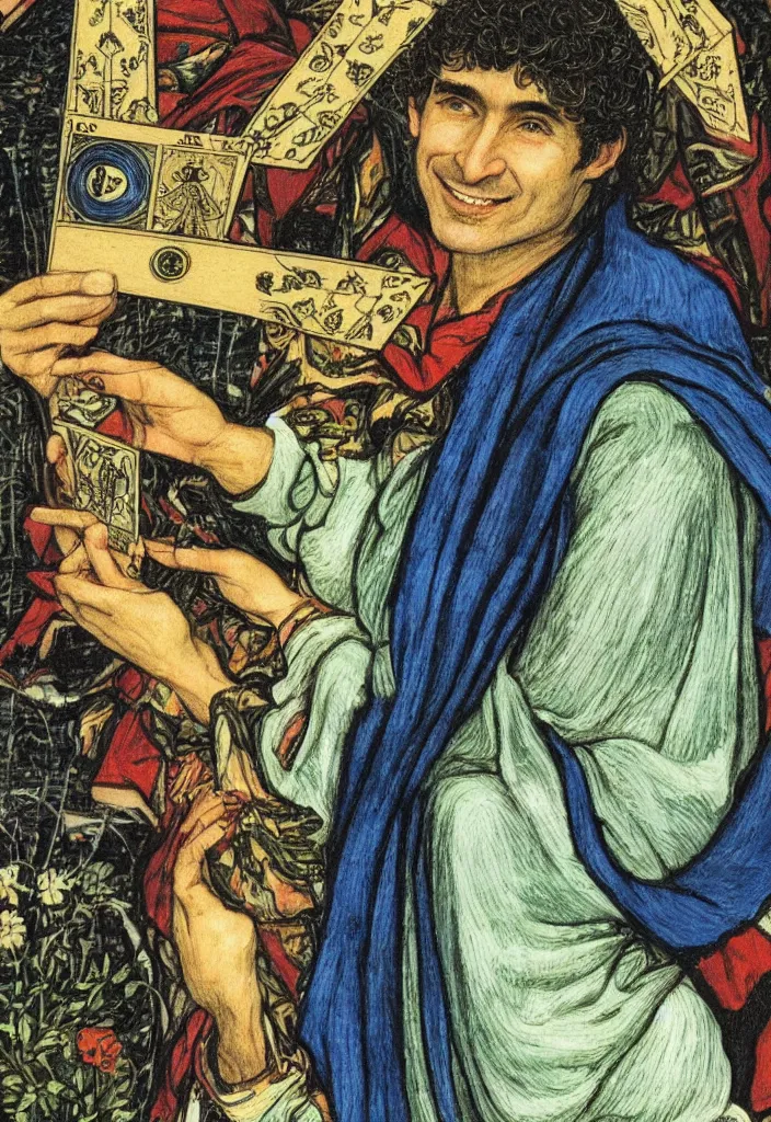 Image similar to Yoshua Bengio smiling on the Tarot card. Illustration by preraphaelists.