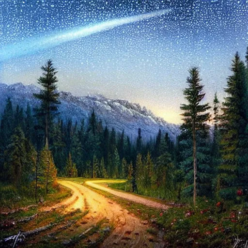 Prompt: incredible scenery mountainscape picturesque forest woods at night countryside beautiful stars stars in the sky by james gurney artstation hyperrealism photo - realistic lifelike photography photorealistic