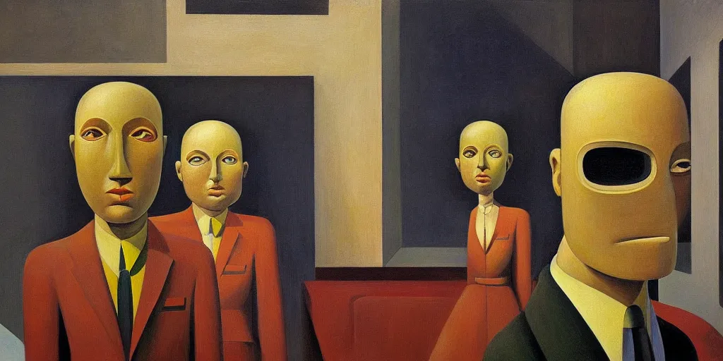 Image similar to super - intelligent robot with kind eyes portrait, grant wood, pj crook, edward hopper, oil on canvas