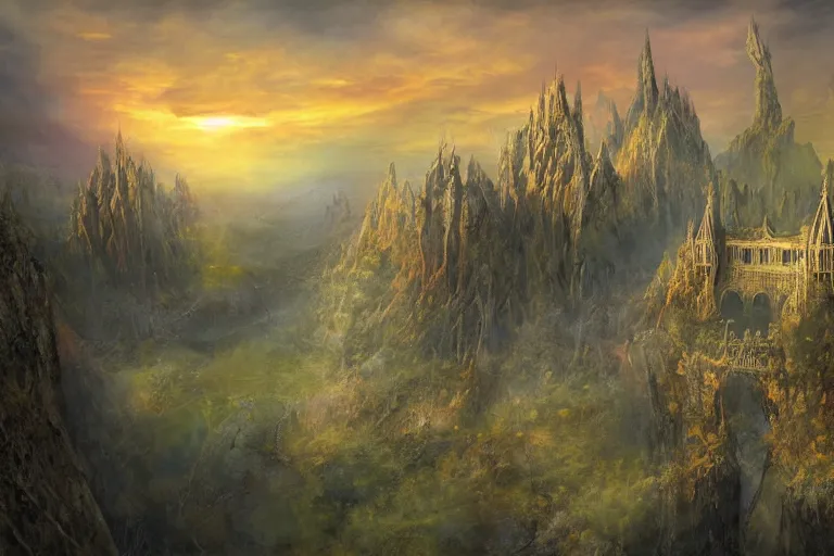 Image similar to fantasy painting, aerial view of an ancient land, sunset and ominous shadows over the kingdom, brutalist rivendell eden by jessica rossier and brian froud