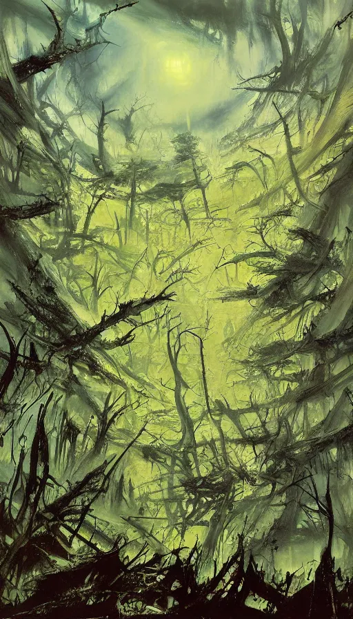 Prompt: a storm vortex made of many demonic eyes and teeth over a forest, by john berkey