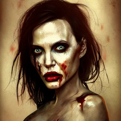 Prompt: a zombie Angelina Jolie, by WLOP, horror, wounds, bloody, dark fantasy, trending on artstation
