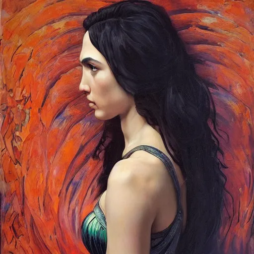 Prompt: Oil painting the beautiful woman Gal Gadot, she has withe old cloths, she is wearing surreal ornates, naturalism, dramatic lighting, high-detailed oil painting by Ilya Repin, Michelangelo da Caravaggio, William Blake, Alex Grey and Beksinski, trending on Artsatio, masterpiece, 4k, 8k