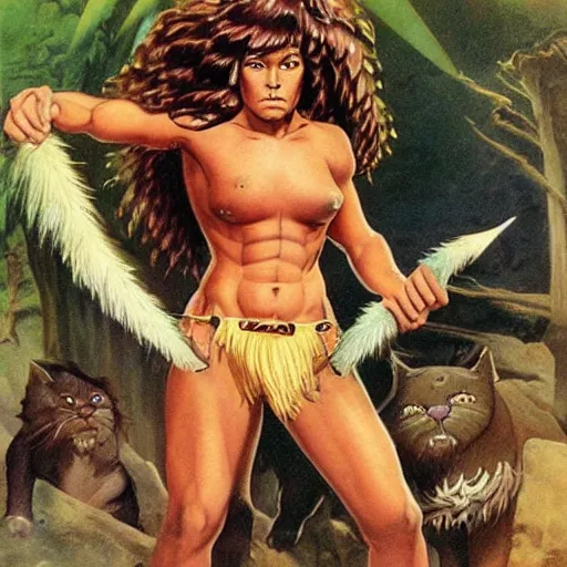 Prompt: Muscular teenage girl wearing barbarian caveman pelt, cavewoman, furry cat tail, electrified hair, primeval jungle, drawn by Frank Frazetta