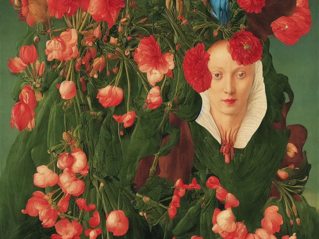 Image similar to Beautiful exotic flowers under her blouse, dress, close up. Painting by Jan van Eyck, Audubon, Maria Sybilla Merian, Rene Magritte, Agnes Pelton, Max Ernst, Walton Ford