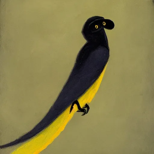 Prompt: long - eared monkey - crow creature wearing a raincoat | tonalist painting | prussian blue and azo yellow, dramatic lighting