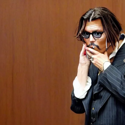 Prompt: Johnny Depp sad in court next to poop anime style