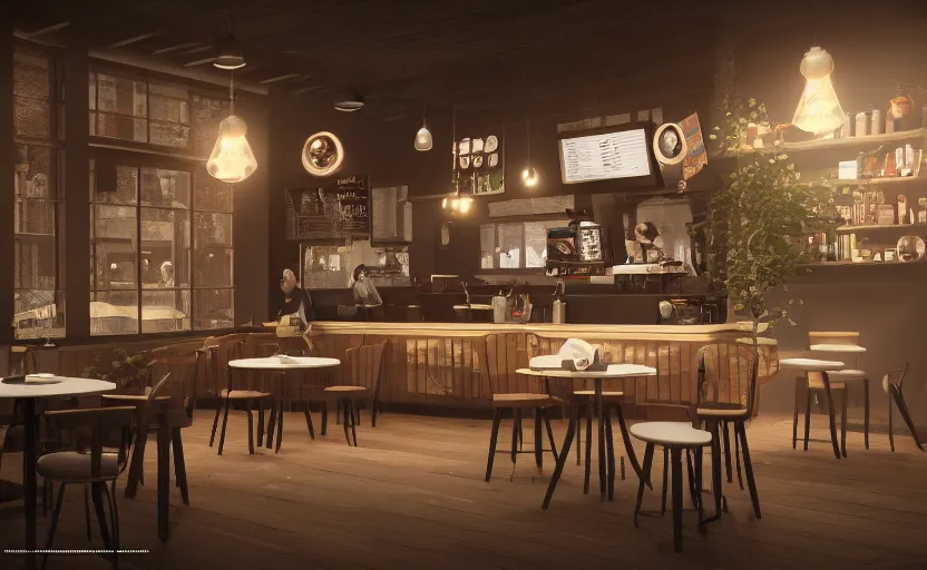 Image similar to a coffe shop, octane render, artstation trending, highly detailded