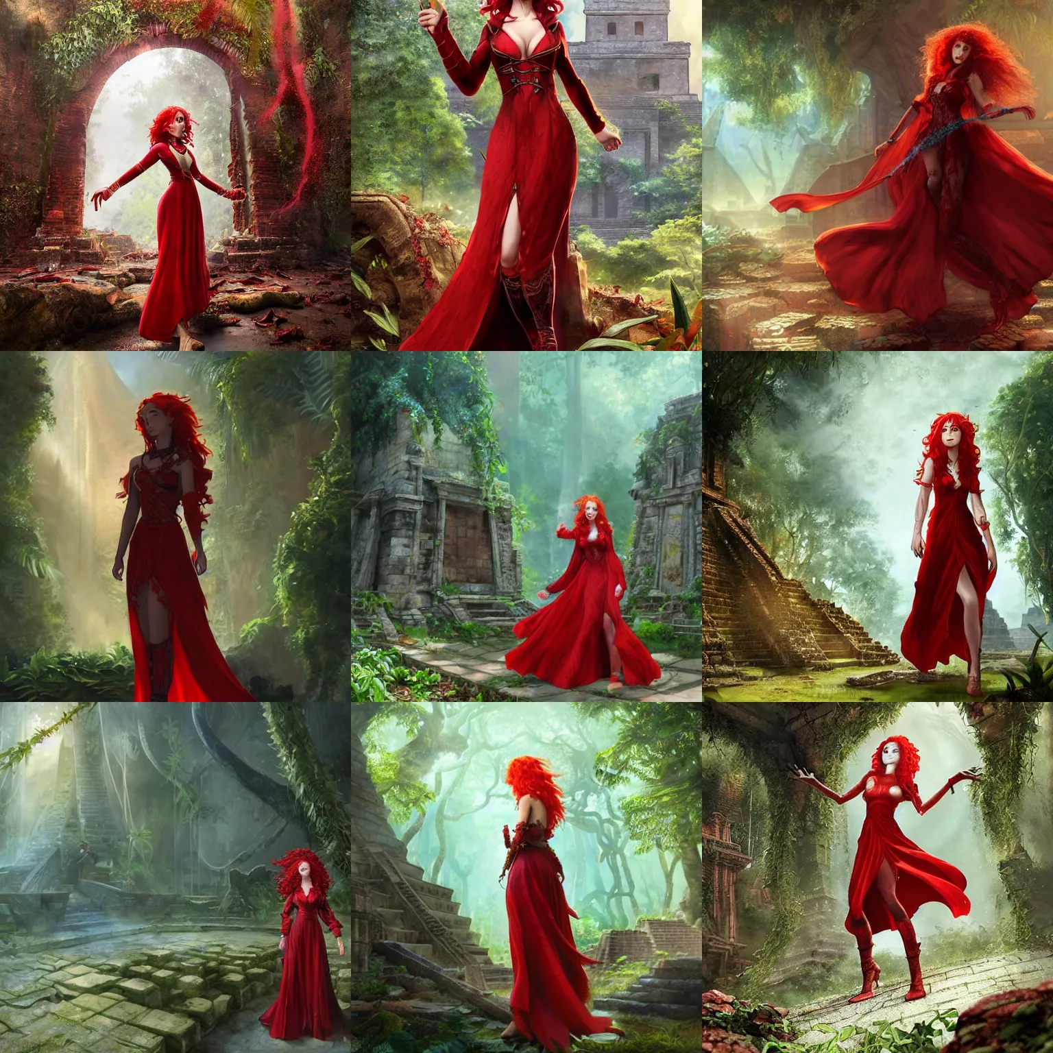 Prompt: a female draconic sorceress with curly red hair wearing a red dress and a red coat exploring the ruins of an abandoned maya city in the jungle, fantasy, highly detailed, digital painting, character design by charlie bowater, ross tran, artgerm, and makoto shinkai, detailed, soft lighting, rendered in octane