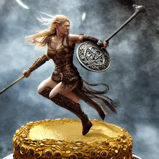 Image similar to shield maiden jumping out of birthday cake, intricate detail, royo, klimt, miro, vallejo, frazetta, giger, whealan, hd, unreal engine,