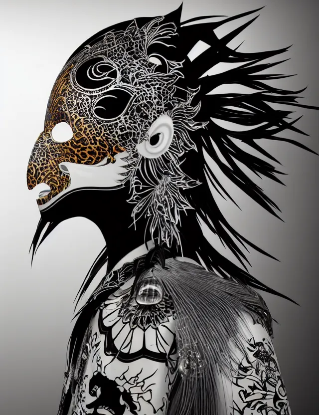 Image similar to 3 d goddess close - up profile simple portrait punk with mohawk with tiger skull. beautiful intricately detailed japanese crow kitsune mask and clasical japanese kimono. betta fish, jellyfish phoenix, bio luminescent, plasma, ice, water, wind, creature, artwork by tooth wu and wlop and beeple and greg rutkowski