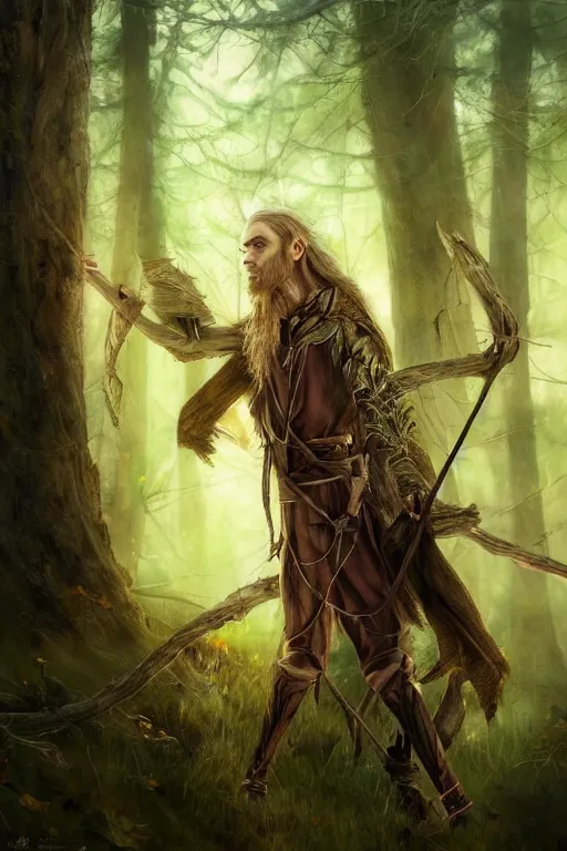 Image similar to A tall slim male wood elf druid posing with a bow in a mystical forest, portrait, long blonde hair, fungi, glowing, wooden armor, magical, fantasy, medieval, highly detailed, dynamic lighting, cinematic, dramatic, sharp focus, focus on face, masterpiece, trending on artstation, concept art, digital painting