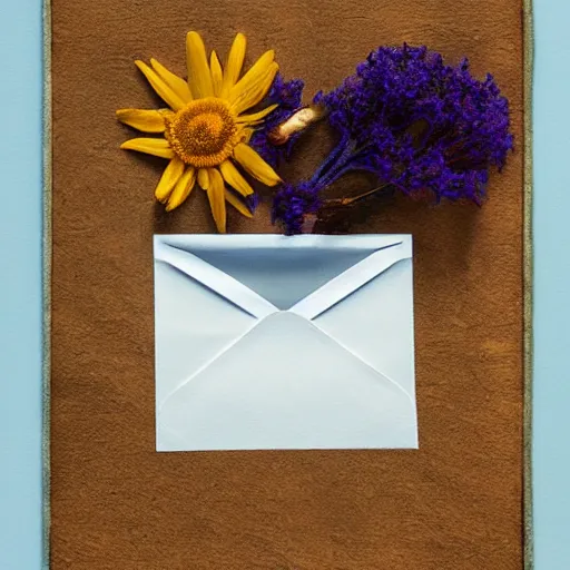 Image similar to still life aesthetic layout of letter, open envelope, dried flowers, oil on canvas