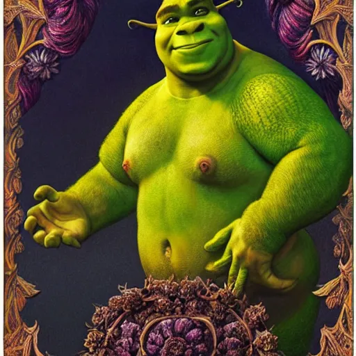 Image similar to a beautiful detailed front view portrait of shrek with ornate growing around, ornamentation, flowers, elegant, beautifully soft lit, by wayne barlowe, peter mohrbacher, kelly mckernan,